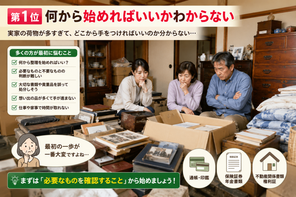 実家の遺品整理を何から始めるべきか悩む家族