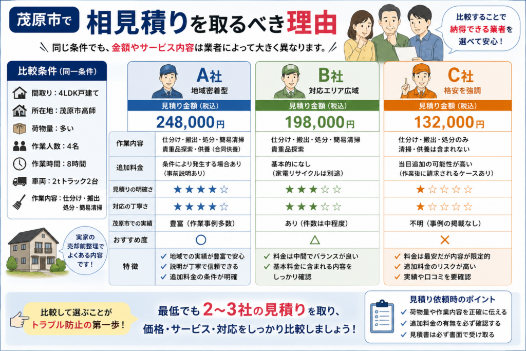 3社の遺品整理見積りを比較するイメージ