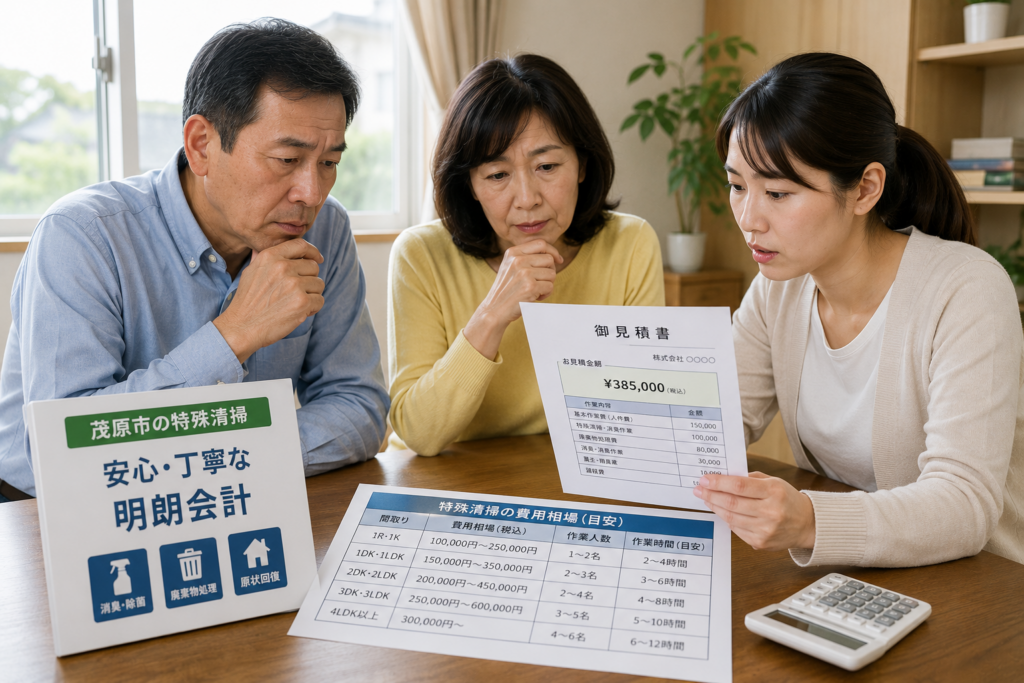 茂原市で特殊清掃費用の見積りを確認する家族