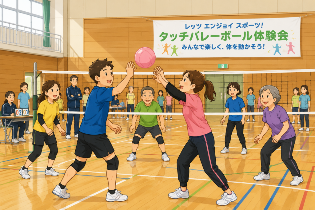 茂原市のスポーツイベントでタッチバレーボールを楽しむ参加者