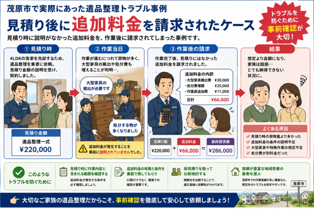 遺品整理で追加料金トラブルに困る家族のイメージ